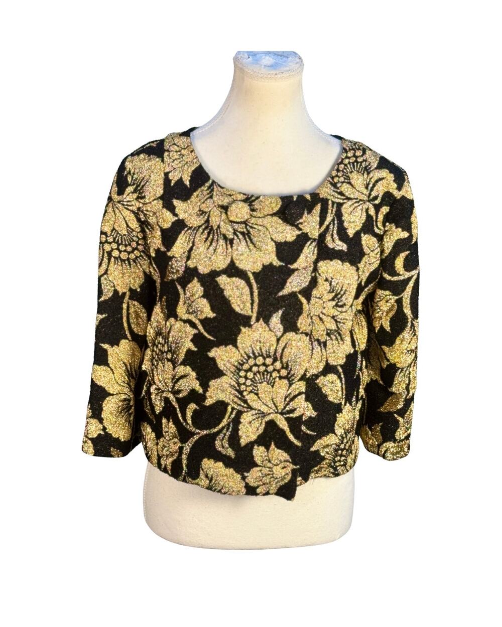 Vintage 60s Gold Lurex Black Floral Brocade Bolero Crop Evening Coat L